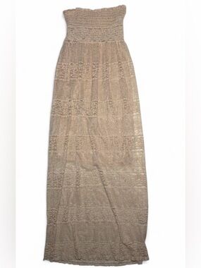 D’Closet Strapless Lace Maxi Tiered Dress Beige Tan Smocked Boho Cottagecore M L